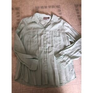 CHICO'S Turquoise Button Down  Blouse Size 2 Large Roll Tab Sleeves